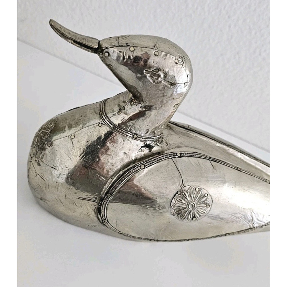 Vintage Silver Metal Over Wood Duck Decoy Figurine Folk Art Decorative Bird - Picture 9 of 16